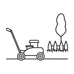 Lawn mower parked beside garden wall clean line scene Vector illustration
