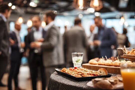 Businesspeople enjoying catering service with appetizers and beverages at corporate event, creating networking opportunity