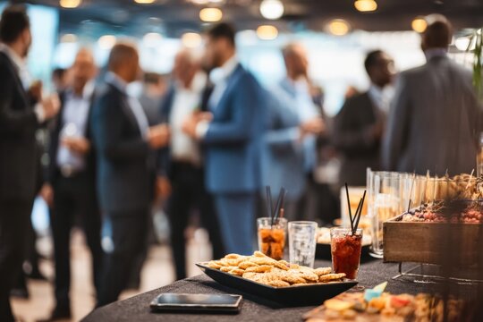 Cookies and cocktails on a table at a networking event with business people mingling in the background