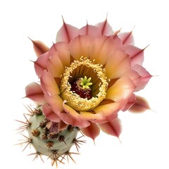 Prickly Pear Cactus Bloom, Pink Petals, Yellow Stamens, and Sharp Thorns on White