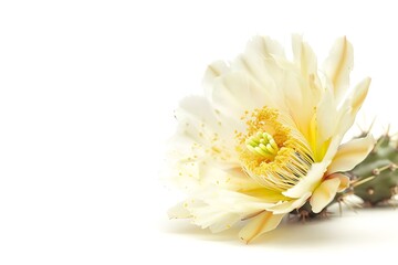 Blooming Cactus Flower with Detailed Pistil and Thorns on White Background