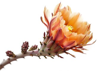 Blooming Orange Cactus Flower, Macro Shot, White Background, Spiky, Floral Beauty