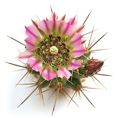 Topdown view of Flowering Cactus with Pink Petals and Spines on White Background