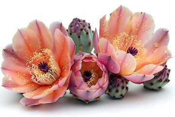 Opuntia Blossoms Still Life Peach Petals, Vibrant Stamen, Cactus Flowers, Isolated