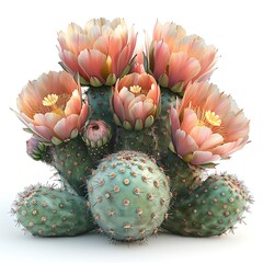 Detailed Prickly Pear Cactus Cluster with Pastel Peach Flowers on White Background