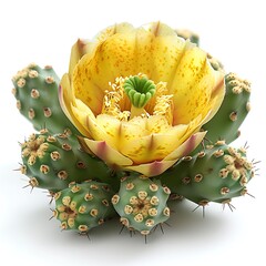Prickly Pear Cactus Pad with Vibrant Yellow Flower Blossoming on a White Background