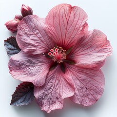 Elegant Pink Hibiscus Flower with Dark Leaves and Buds on a White Background