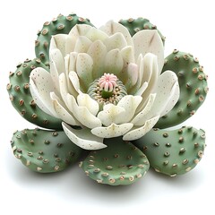 Exotic Cactus Flower with Pale Petals, Pink Center and Pale Green Pads Isolated on White