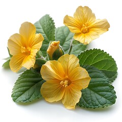 Yellow Hibiscus Flowers with Bud and Green Leaves on White Background Still Life