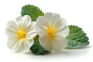 Delicate White Primrose Flowers with Yellow Centers and Green Leaves