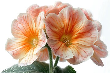 Blooming Orange Elegant Flowers with Visible Veins on Petals in Macro White Background