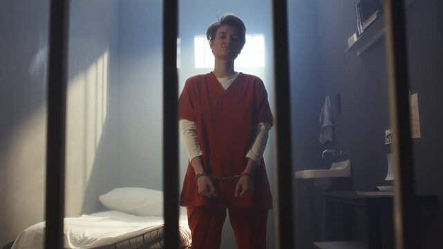 Handcuffed female inmate in orange uniform standing inside prison cell, looking confidently into camera through bars. Video portrait
