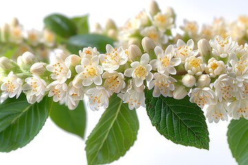 Delicate White Flowers & Green Leaves Cluster Against White Background, Close Up Bloom