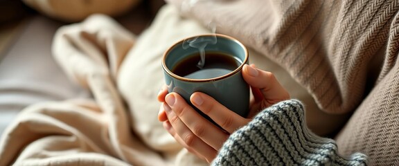 Close-up of hands holding a steaming mug on a cozy sofa, homebody, morning
