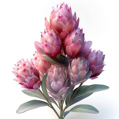 Beautiful Pink Protea Flower Arrangement with Detailed Petals and Leaves on White