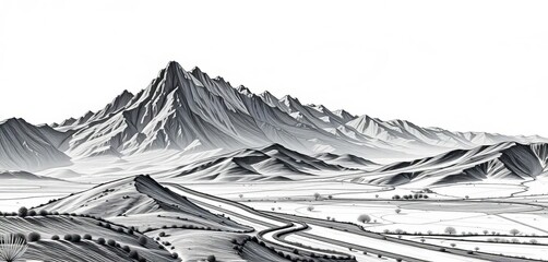 Fototapeta premium Hand-drawn black & white mountain range, winding road, expansive fields , open fields, exploration