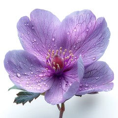 CloseUp Purple Flower with Water Droplets on Petals on a White Background