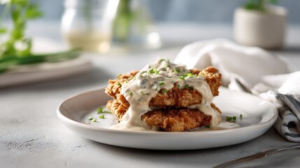 Southern-style chicken fried steak on a white plate, topped with creamy