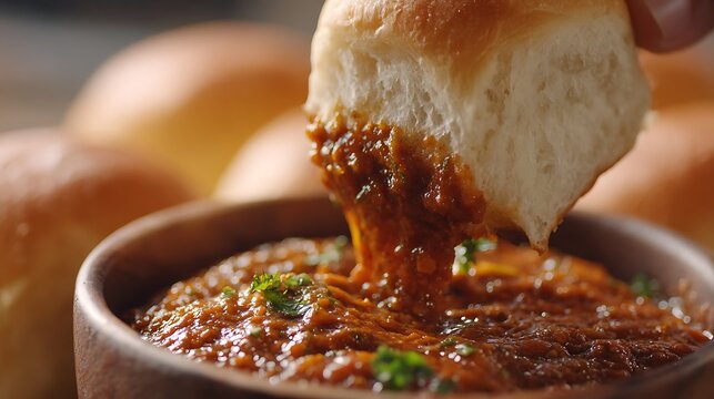 Close-up shot of pav bhaji being dipped with soft roll
