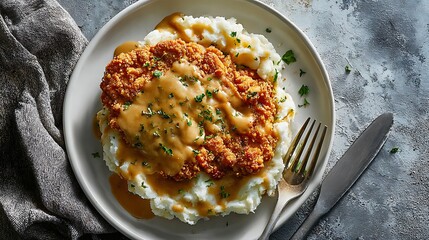 Overhead photo of crispy chicken fried steak with mashed potatoes and gravy, served in a modern minimalist setting
