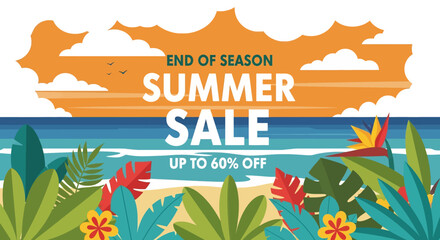 
Adobe illustrator artwork vector illustration of a tropical beach scene promoting an "End of Season Summer Sale," ideal for striking seasonal advertising and discount campaigns
