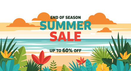 
Adobe illustrator artwork vector illustration of a tropical beach scene promoting an "End of Season Summer Sale," ideal for striking seasonal advertising and discount campaigns