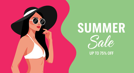 Adobe illustrator artwork vector illustration of a stylish woman in a sun hat and swimsuit, perfect for a striking summer sale poster banner, highlighting fashion and discounts