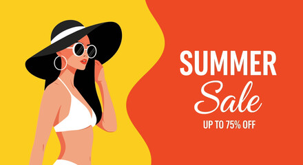 Adobe illustrator artwork vector illustration of a stylish woman in a sun hat and swimsuit, perfect for a striking summer sale poster banner, highlighting fashion and discounts