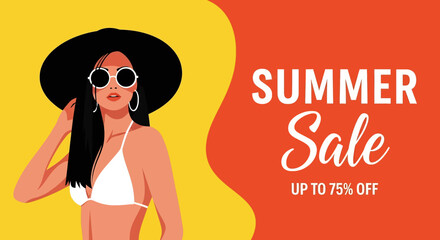 Adobe illustrator artwork vector illustration of a stylish woman in a sun hat and swimsuit, perfect for a striking summer sale poster banner, highlighting fashion and discounts