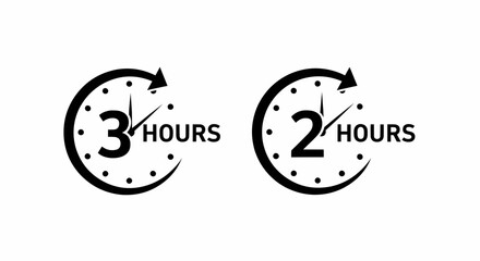This high-quality vector image features two minimalist solid black clock icons, displaying "2 HOURS" and "3 HOURS", each with hour markers and a curved arrow, all with fine details.
