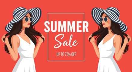 Adobe illustrator artwork vector illustration of a stylish woman in a sun hat and swimsuit, perfect for a striking summer sale poster banner, highlighting fashion and discounts