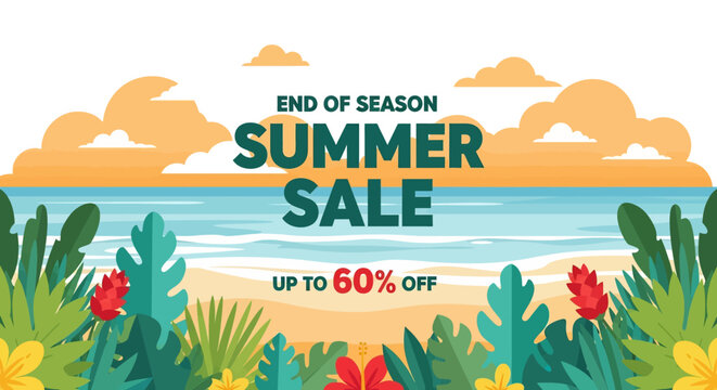 
Adobe illustrator artwork vector illustration of a tropical beach scene promoting an "End of Season Summer Sale," ideal for striking seasonal advertising and discount campaigns