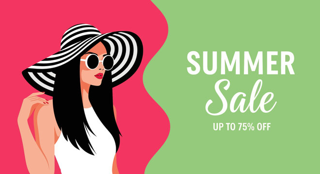 Adobe illustrator artwork vector illustration of a stylish woman in a sun hat and swimsuit, perfect for a striking summer sale poster banner, highlighting fashion and discounts
