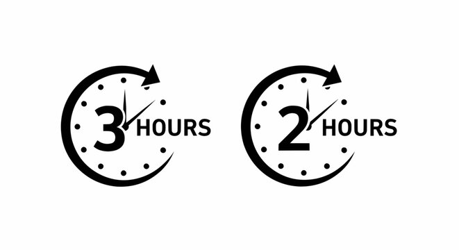 This high-quality vector image features two minimalist solid black clock icons, displaying "2 HOURS" and "3 HOURS", each with hour markers and a curved arrow, all with fine details.