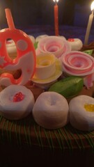 cake photo with candal, party , decorated cake, night 