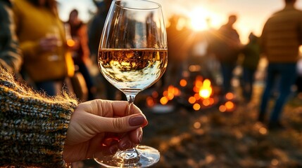 Hand holding wine glass at campfire, friends in background