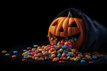 Jack-o'-lantern spilling colorful candies on black glittery surface for halloween