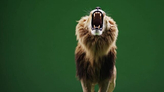 Majestic Roar: A lion with a magnificent mane opens its jaws in a powerful roar, showcasing its impressive teeth against a vibrant backdrop. 
