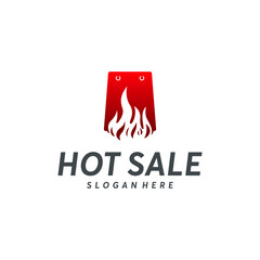 Red and white  featuring a shopping bag on fire.