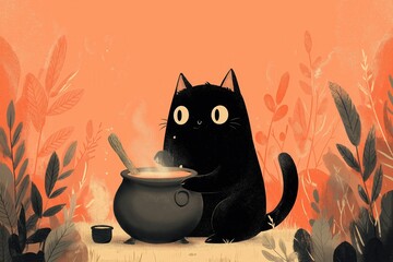 Black cat brewing magic potion for halloween night