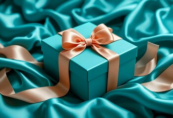 Close-up photo of teal gift box with peach ribbon on lush teal silk background, featuring detailed folds and luxurious texture.