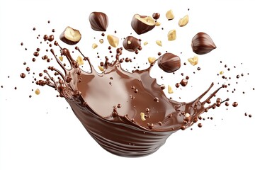 Spectacular chocolate splash with falling hazelnuts isolated on white background