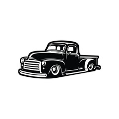 Classic lowered hotrod pickup truck monochrome vector isolated