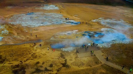 Aerial view of the volcanic Hverir Geothermal Area, located in the Mývatn region of northern Iceland.