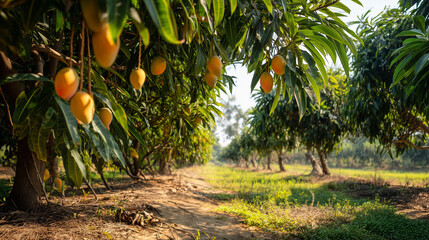 mango orchard, rows of mango trees with ripe orange-yellow fruits hanging from branches, thick green leaves covering the ground, ai generated images.
