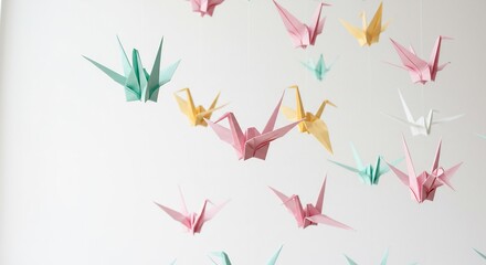 Pastel Origami Cranes Flutter Gently Against White Wall. AI Generated