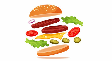 Deconstructed Burger with Fresh Ingredients Floating in Air, Vibrant Colors, and Clean Minimalist Style Illustration