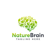 Green leaves encircle a stylized brain graphic.