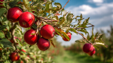 red apple orchard, apple trees bearing bright red fruits, with branches full of ripe apples ready to be picked, ai generated images.