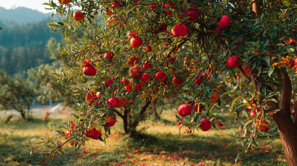 red apple orchard, big apple tree with bright red fruits sparkling in the sunlight, small flowers blooming on the ground, green forest and distant hills in the background, ai generated images.